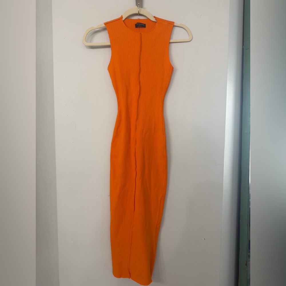 Naked Wardrobe Women’s Small Ribbed Bodycon Stretch Sleeveless Midi Dress Orange